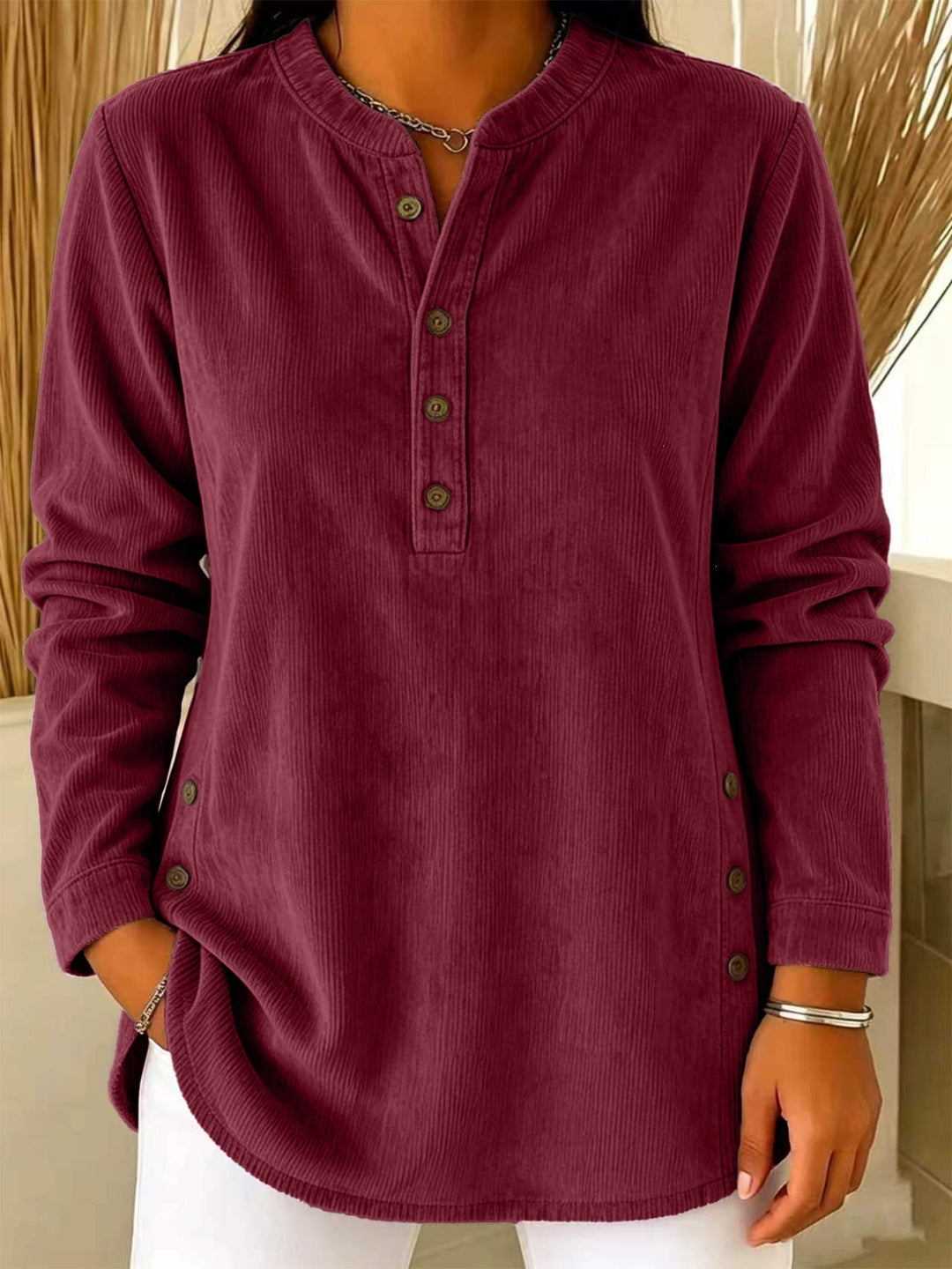 Women Casual Corduroy Look Tunic with Henley Neckline and Side Buttons Drune
