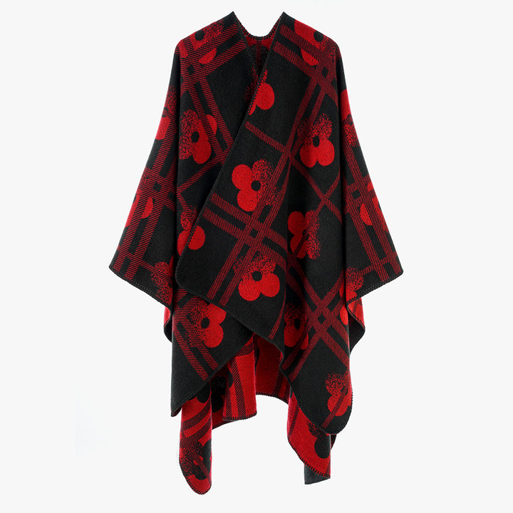 Women Coarse Woven Blanket Poncho in Ruana Cut with Floral Check Jacquard Mune Fashion