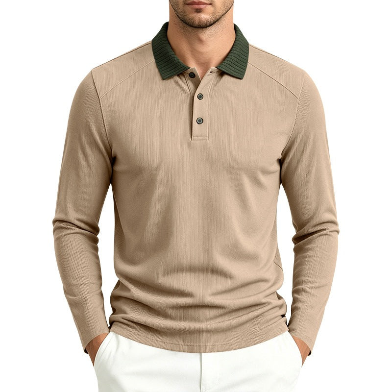 Men's long sleeve polo made of fine ribbed knit with contrast collar and button placket Mune Fashion