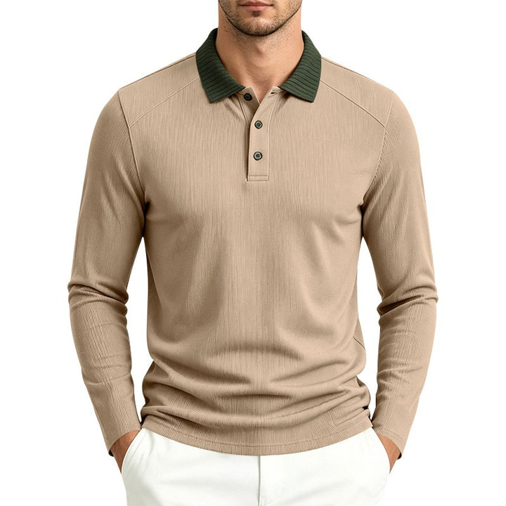 Men's long sleeve polo made of fine ribbed knit with contrast collar and button placket Mune Fashion