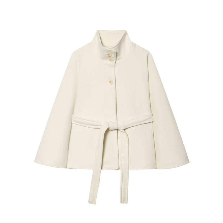 Women Short Cape Coat with Stand Collar, Button Placket and Tie Belt Mune Fashion