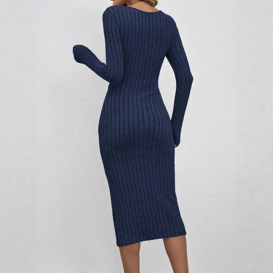 Women's Ribbed Midi Dress in Fine Knit with Twisted Waist Detail Drune