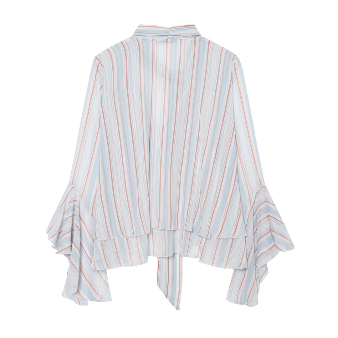 Women's 10+ airy striped blouse cape with tie scarf and ruffle sleeves Mune Fashion