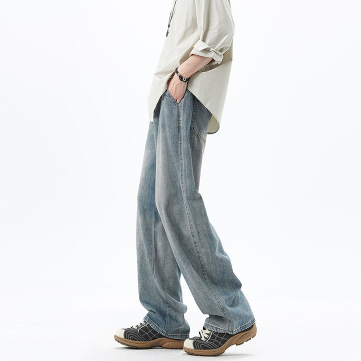 Men's Loose Denim Jeans with Vintage Wash and Drop Crotch Mune Fashion