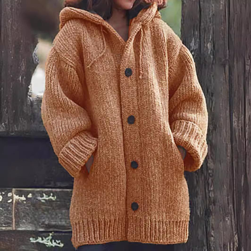 Women's loose-fitting hoodie knit coat with button placket and side pockets Mune Fashion