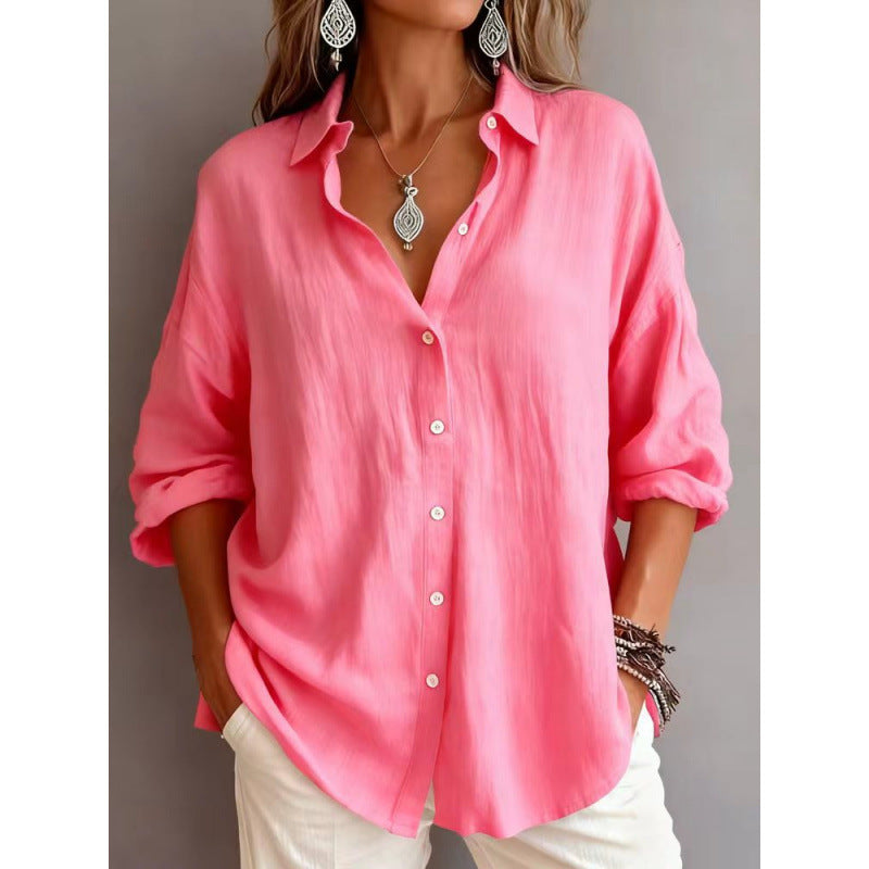 Women's Loose Linen Look Shirt with Oversized Cut and Round Hem Mune Fashion