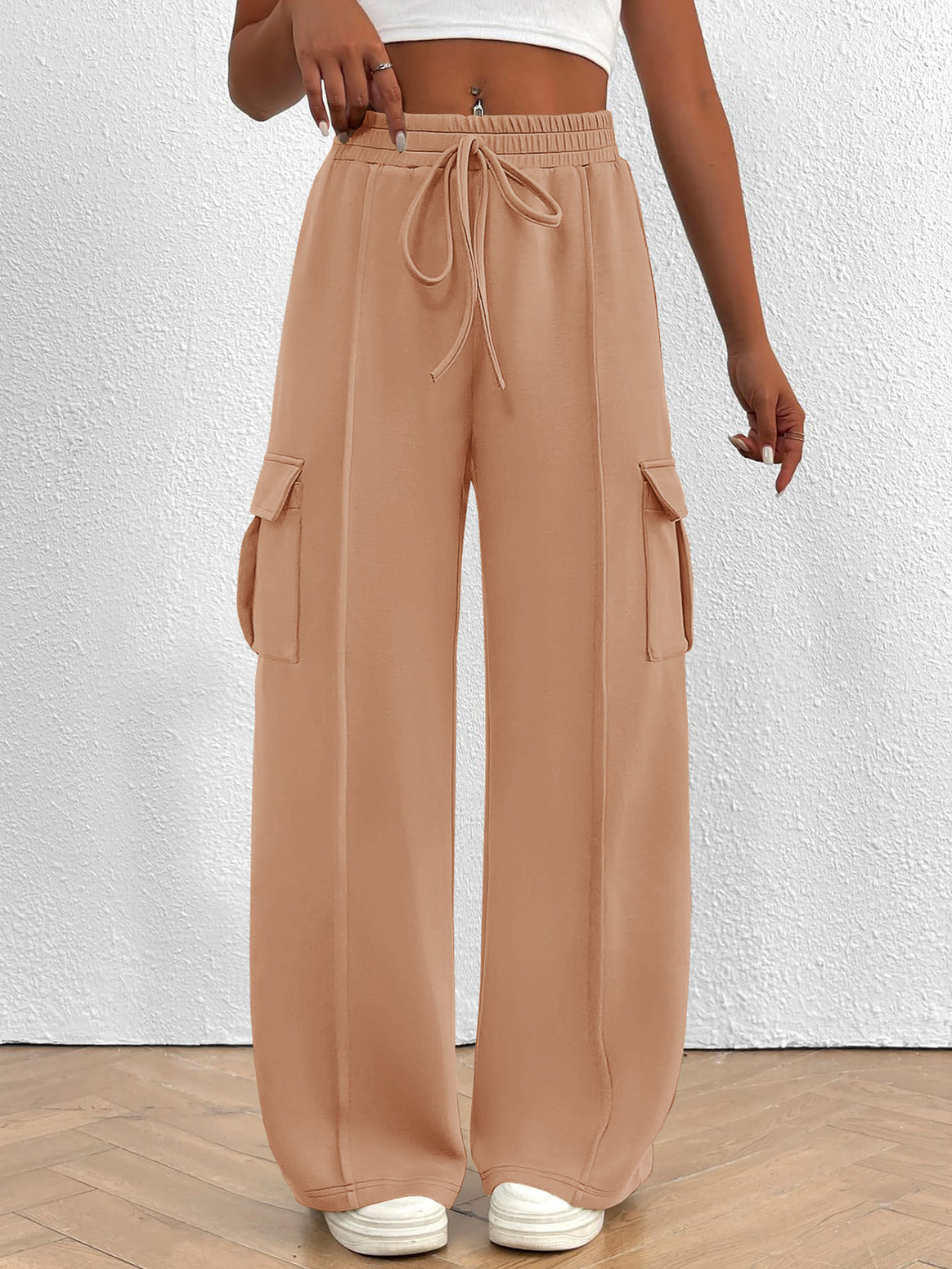 Women Wide Cargo Lounge Pants with Drawstring Waist and Flap Pockets Mune Fashion