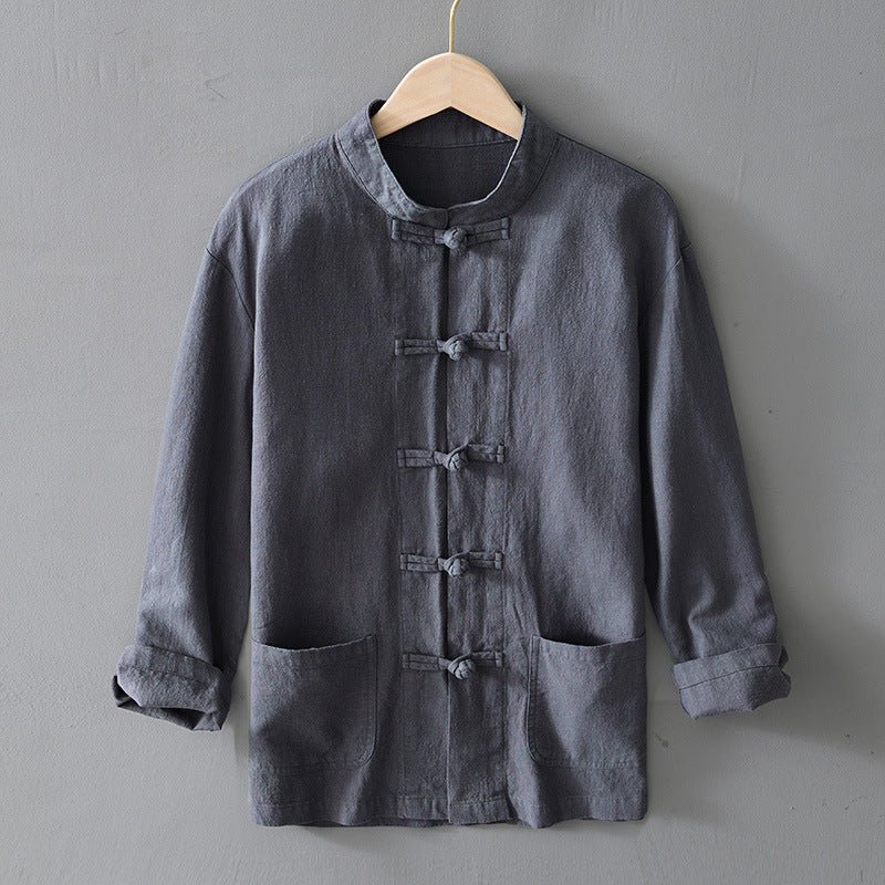 Men's lightweight linen jacket in traditional Chinese style with stand-up collar and knot closures Mune Fashion