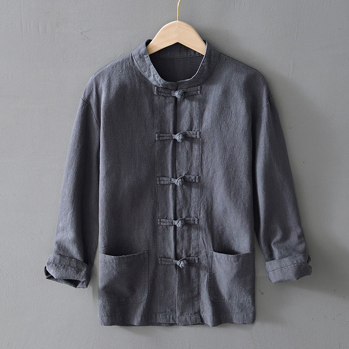 Men's lightweight linen jacket in traditional Chinese style with stand-up collar and knot closures Mune Fashion