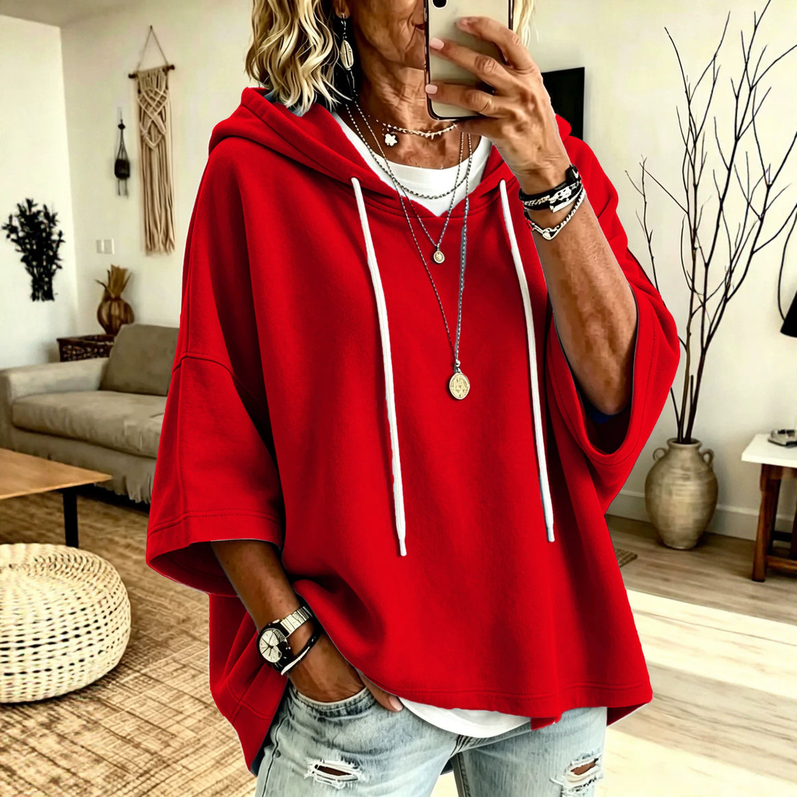 Women's Short Sleeve Oversized Hoodie with Hood and Contrast Drawstring Mune Fashion