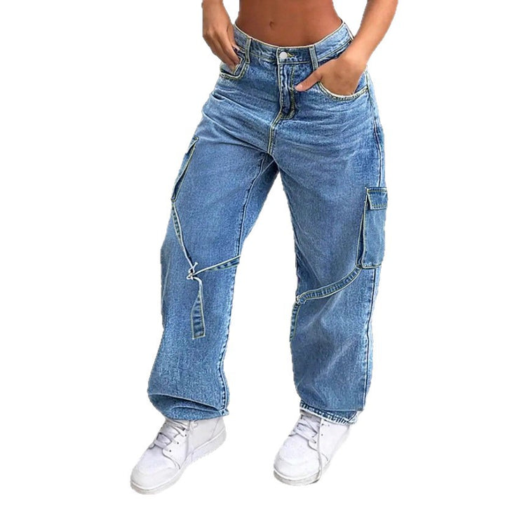 Women's Baggy Cargo Jeans Pants with Wide Leg, Applied Pockets and Zipper Detail Mune Fashion
