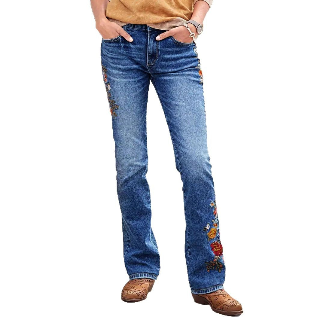 Women's Bootcut Jeans with Side Floral Embroidery and Comfortable Stretch Waistband Mune Fashion