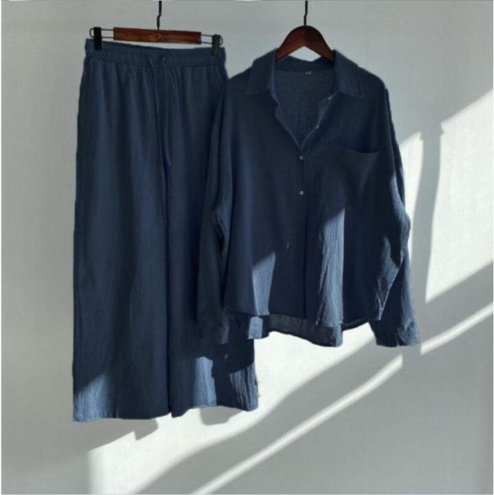 Women's Loose-Fitting Two-Piece Viscose Loungewear Set with Shirt Blouse and Wide Palazzo Pants Mune Fashion