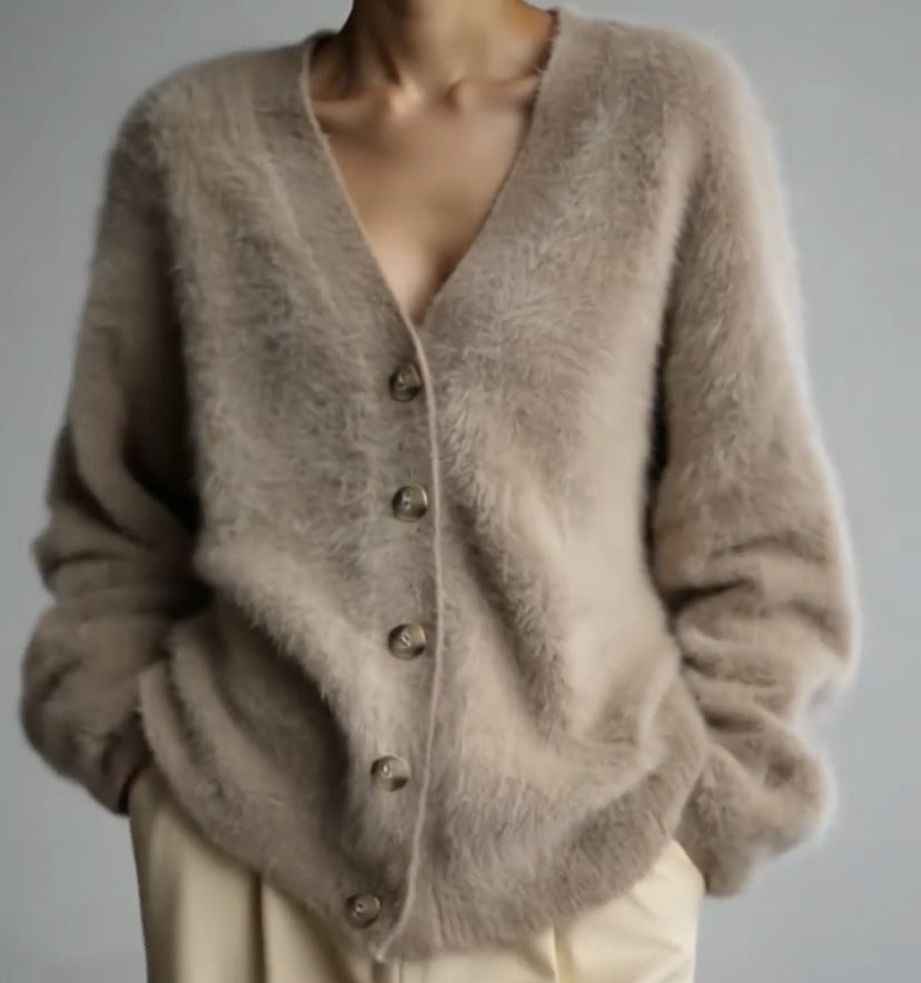 Women Fluffy Eyelash-Mix Oversize Cardigan with V-Neck and Decorative Wooden Buttons Mune Fashion
