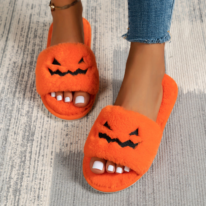 Ladies fluffy house slippers with embroidered pumpkin face and non-slip sole Mune Fashion