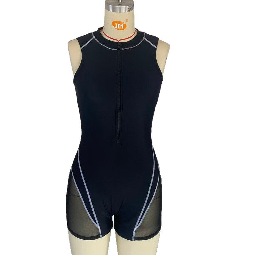 Ladies sporty swimsuit with half-length zipper and transparent inserts Mune Fashion