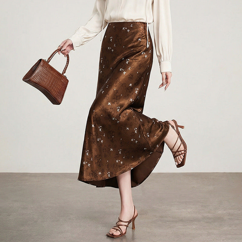 Women's A-line midi skirt in jacquard satin with floral and butterfly reliefs Mune Fashion