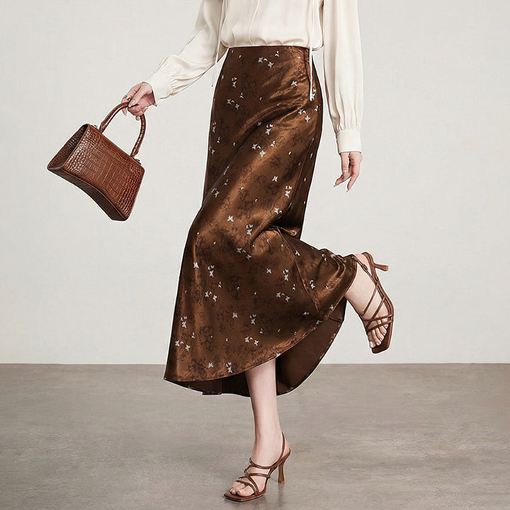 Women's A-line midi skirt in jacquard satin with floral and butterfly reliefs Mune Fashion