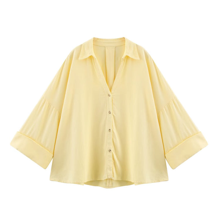 Women Oversize Shirt Blouse with Vertical Stripe Pattern and Extended Back Mune Fashion