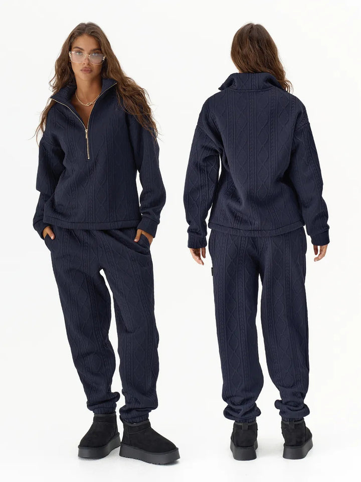 Women's Cable Knit Lounge Set with Half Zipper and High-Waisted Jogging Pants Mune Fashion