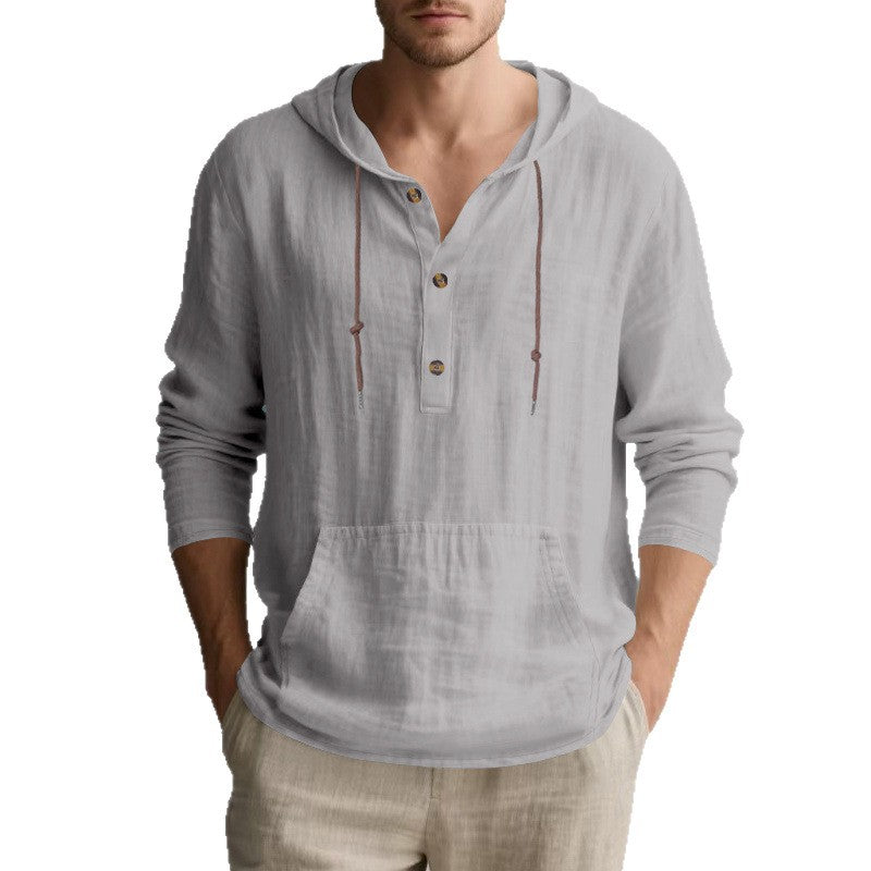 Men's Lightweight Hooded Henley Made of Cotton-Linen with Kangaroo Pocket Mune Fashion