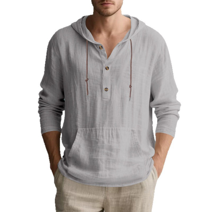 Men's Lightweight Hooded Henley Made of Cotton-Linen with Kangaroo Pocket Mune Fashion