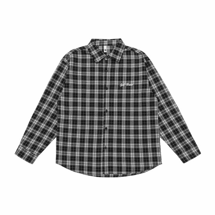 Unisex Boxy Flannel Shirt Jacket with Rounded Hem and Embroidered Mune Fashion Chest Logo