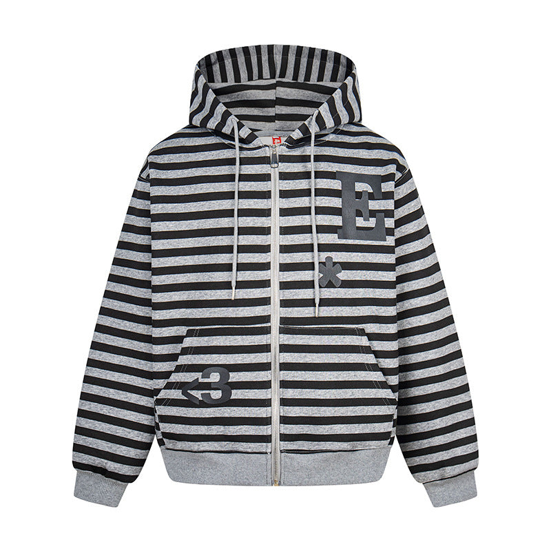 Women's oversized striped hooded sweatshirt jacket with full-length zipper and typographic front print Mune Fashion