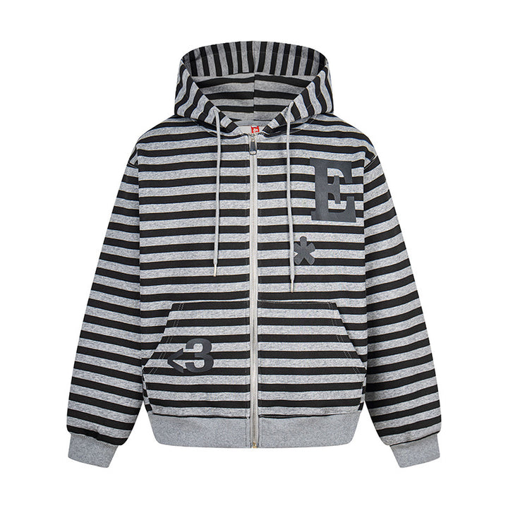 Women's oversized striped hooded sweatshirt jacket with full-length zipper and typographic front print Mune Fashion
