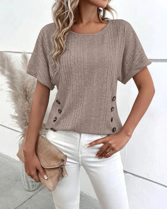 Ladies' knitted fine rib top with round neck and side decorative button placket Mune Fashion
