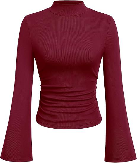 Women's Ribbed Long Sleeve Top with Stand-Up Collar, Trumpet Sleeves, and Fitted Cut Mune Fashion