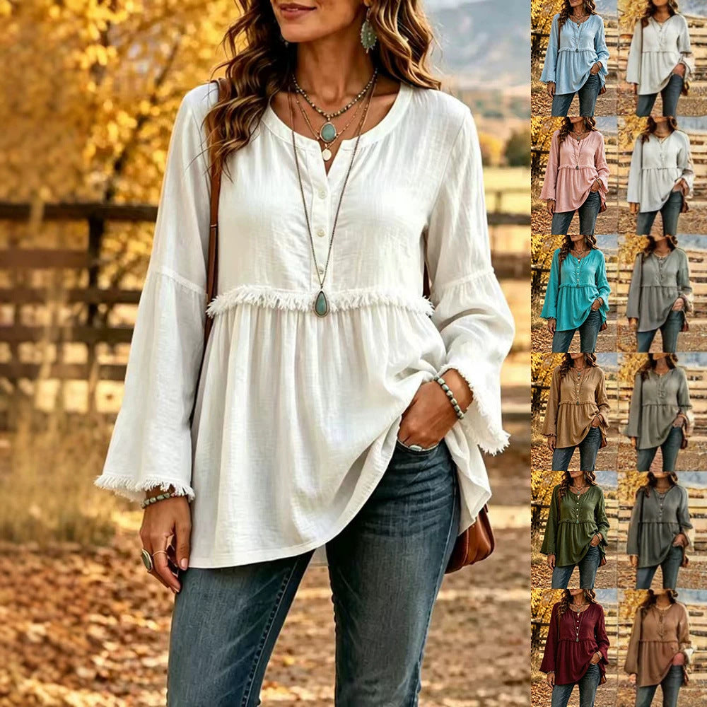 Women's Fringe Tunic Blouse with V-Neck and Bell Sleeves Mune Fashion