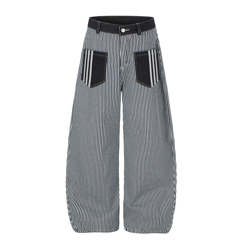 Women Wide Striped Palazzo Culotte with High Waist, Belt Loops and Applied Contrast Pockets Mune Fashion