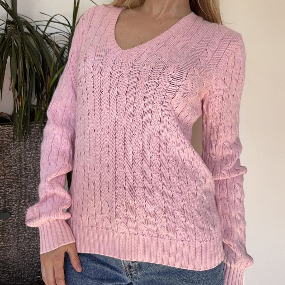 Women's nan premium cotton blend cable knit pullover with deep V-neck and fitted silhouette Mune Fashion