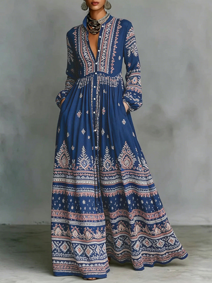 Women’s Boho Maxi Shirt Dress with Embroidered Borders, High Stand Collar and Pockets