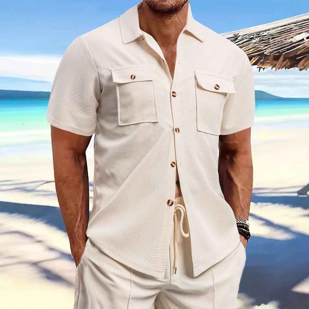 Men's structured waffle lounge set with shirt jacket, chest pockets and corded pants Mune Fashion