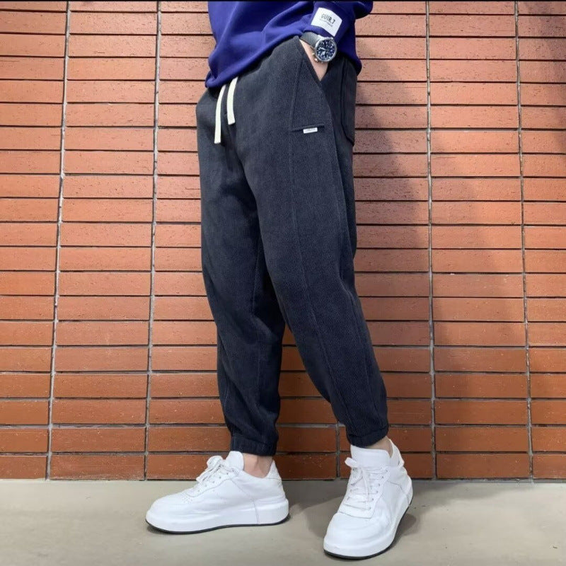 Men's Loose Corduroy Jogging Pants with Elastic Waistband and Drawstring Mune Fashion