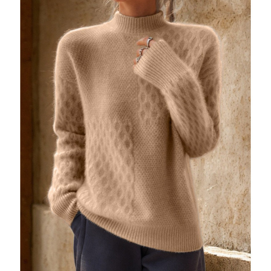 Ladies casual mohair blend fine knit sweater with structure mix, stand-up collar and dropped shoulders Mune Fashion