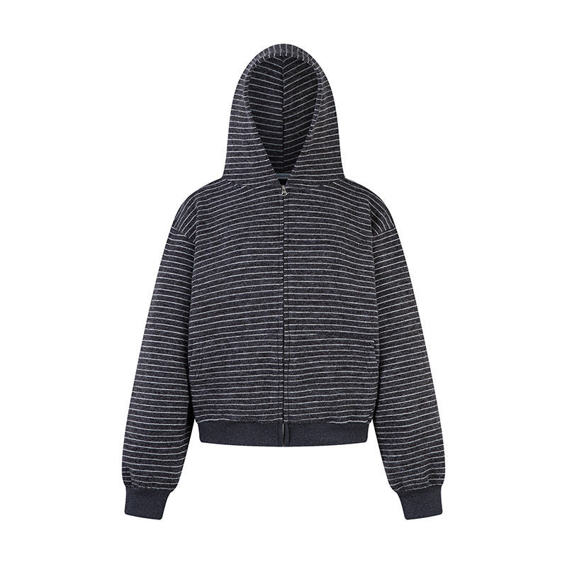 Women's short-cut hooded zip jacket with horizontal stripe relief and elastic waistband Mune Fashion