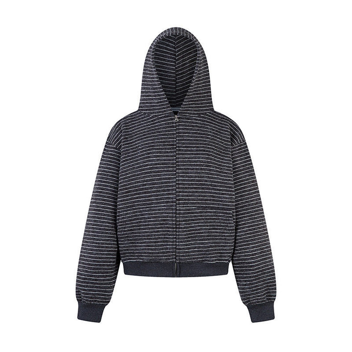 Women's short-cut hooded zip jacket with horizontal stripe relief and elastic waistband Mune Fashion