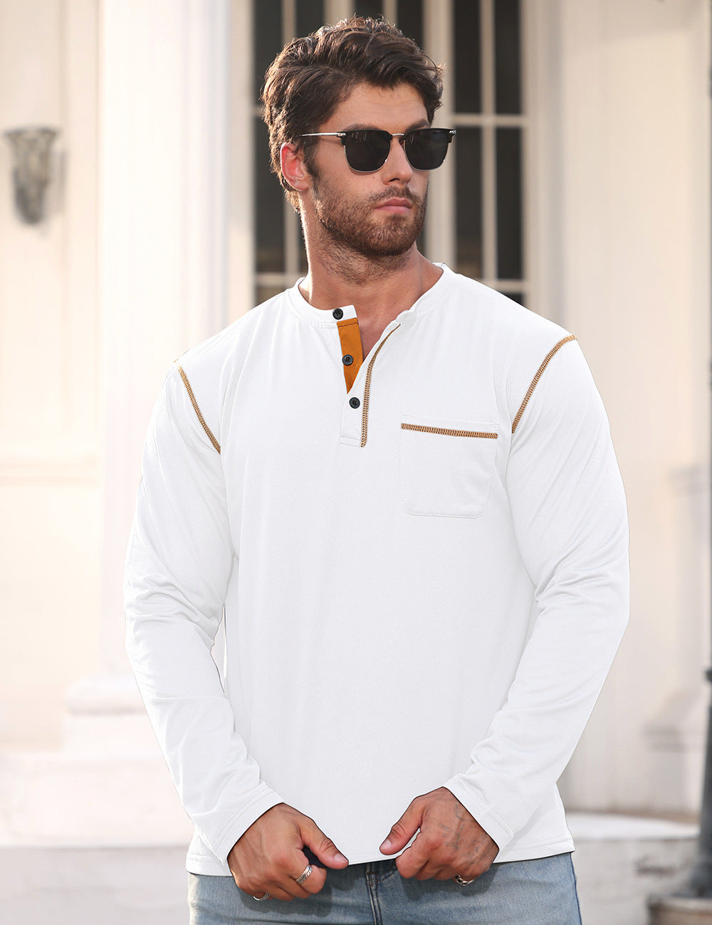 Men's Long Sleeve Shirt with Short Button Placket, Chest Pocket and Contrasting Decorative Stitching Mune Fashion