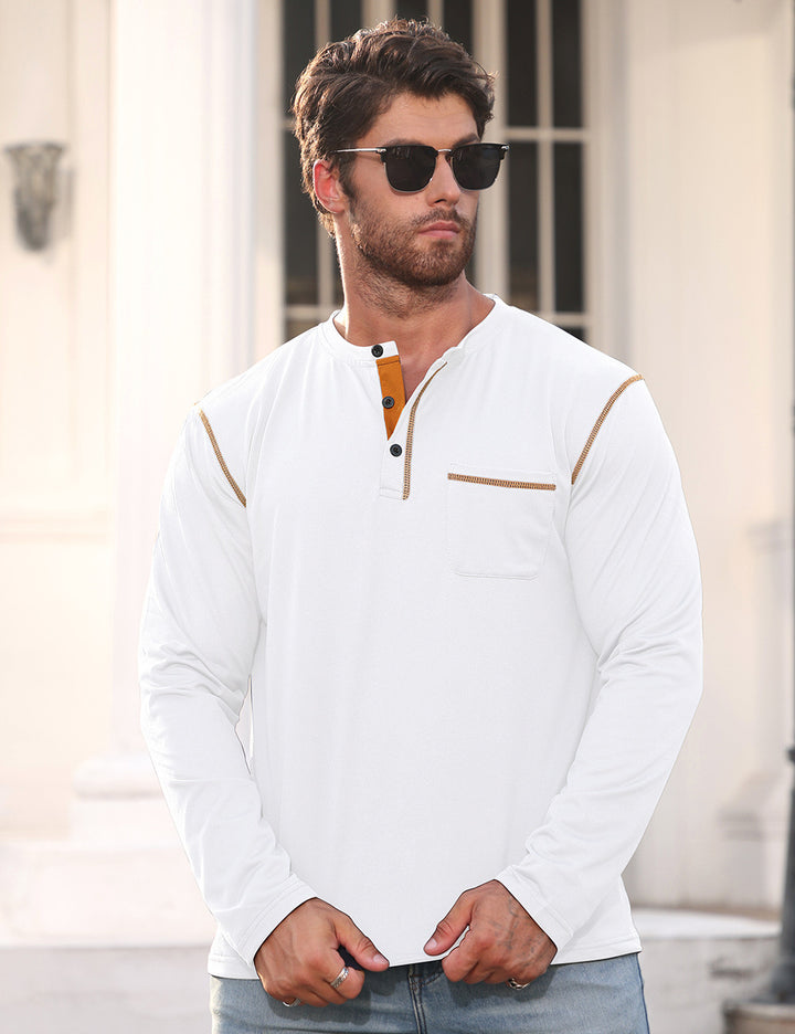 Men's Long Sleeve Shirt with Short Button Placket, Chest Pocket and Contrasting Decorative Stitching Mune Fashion