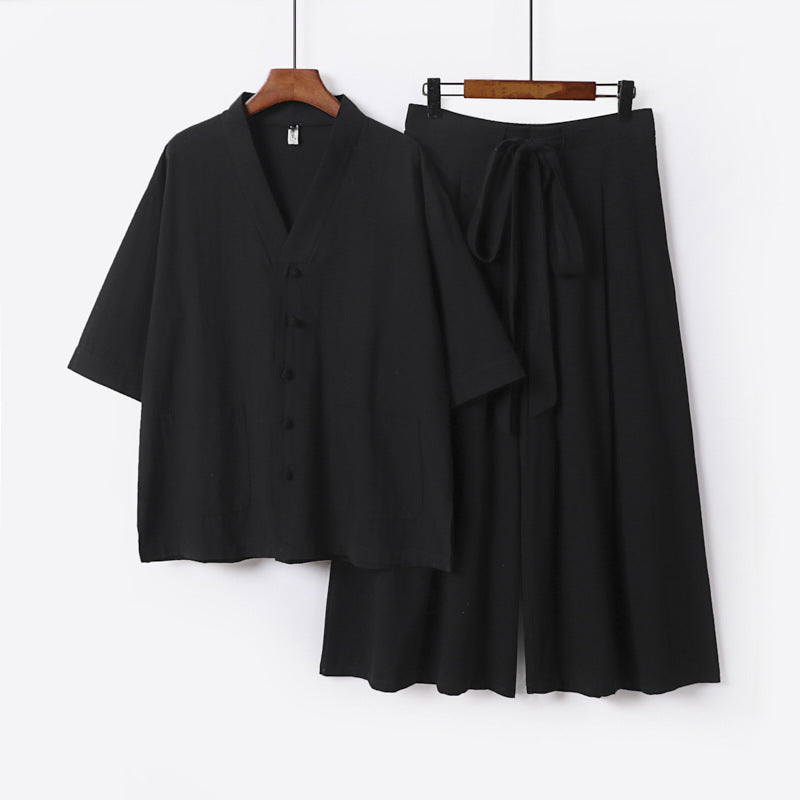 Women Two-Piece Kimono Lounge Set with Short Sleeve Button Jacket, Patch Pockets and Wide Palazzo Pants Mune Fashion