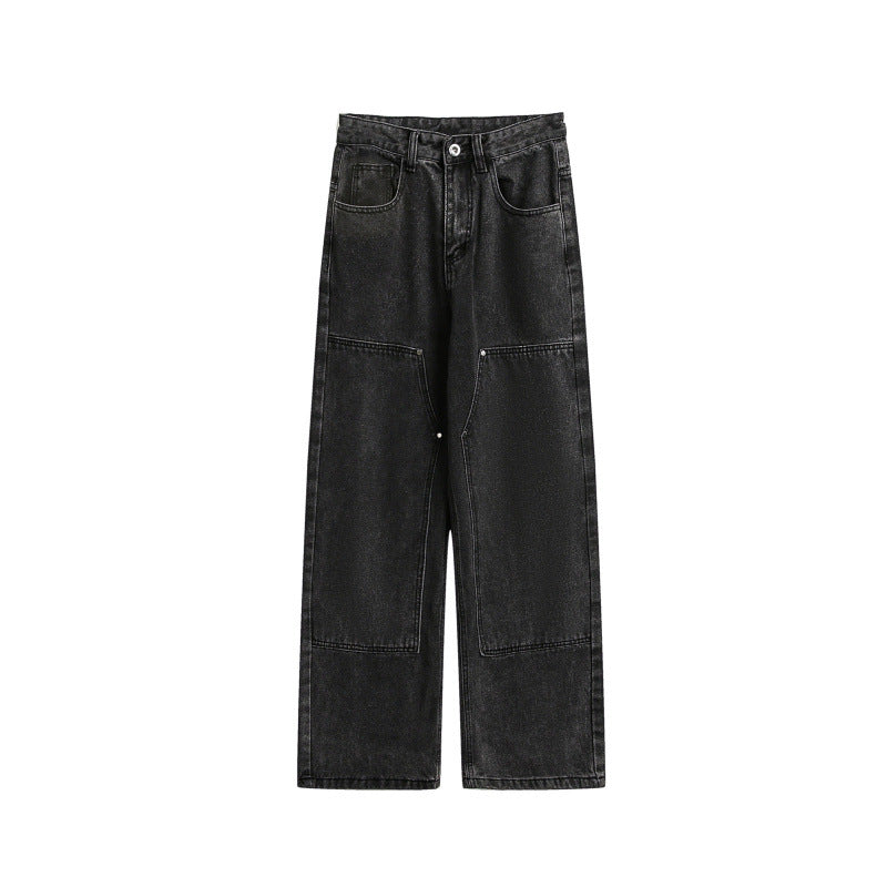 Women's Wide Utility Denim Trousers with Knee Patch, High Waist and Straight Leg Mune Fashion