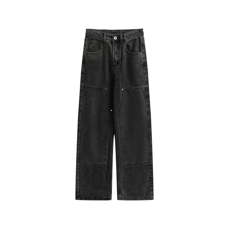 Women's Wide Utility Denim Trousers with Knee Patch, High Waist and Straight Leg Mune Fashion