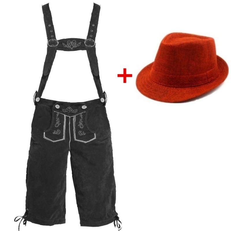 Men's Trachten leather shorts knee-length with adjustable suspenders and felt hat Mune Fashion