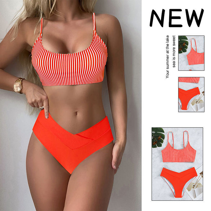 Women's Sport Bikini Set with Striped Pattern and High Waist Mune Fashion