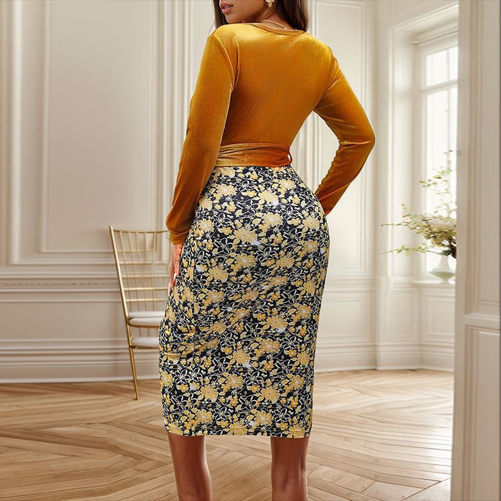 Women's wrap dress with velvet top and floral jacquard pencil skirt Mune Fashion