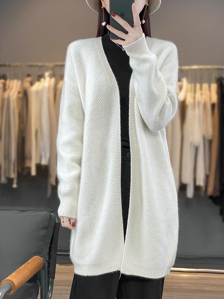 Women’s Long Open Knit Cardigan with Seed Pattern and Ribbed Edges Mune Fashion