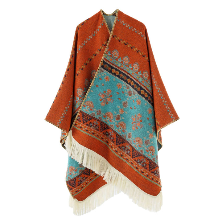 Women's Woven Ethno-Poncho with Fringes and Jacquard Pattern Mune Fashion
